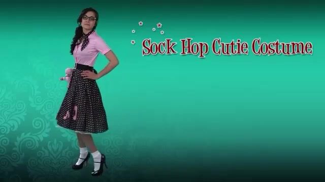 You will be jiving the night away in this sock hop cutie costume.  The dress has pink top and a polka dot poodle skirt with a musical note motif.  The outfit also comes with a matching polka dot neck scarf.